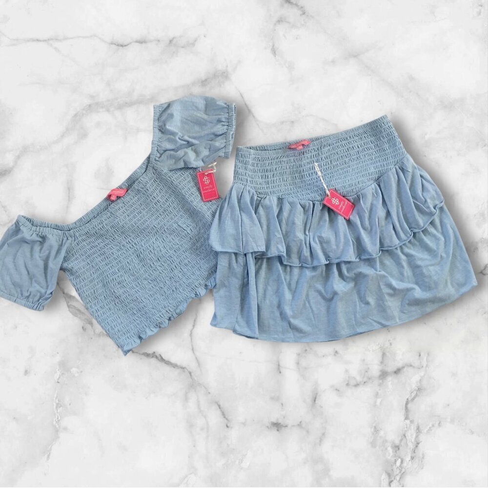 NWT Simply Southern Blue Crop Puff Sleeves Top &Ruffle Mini Skirt Top XL/Skirt L